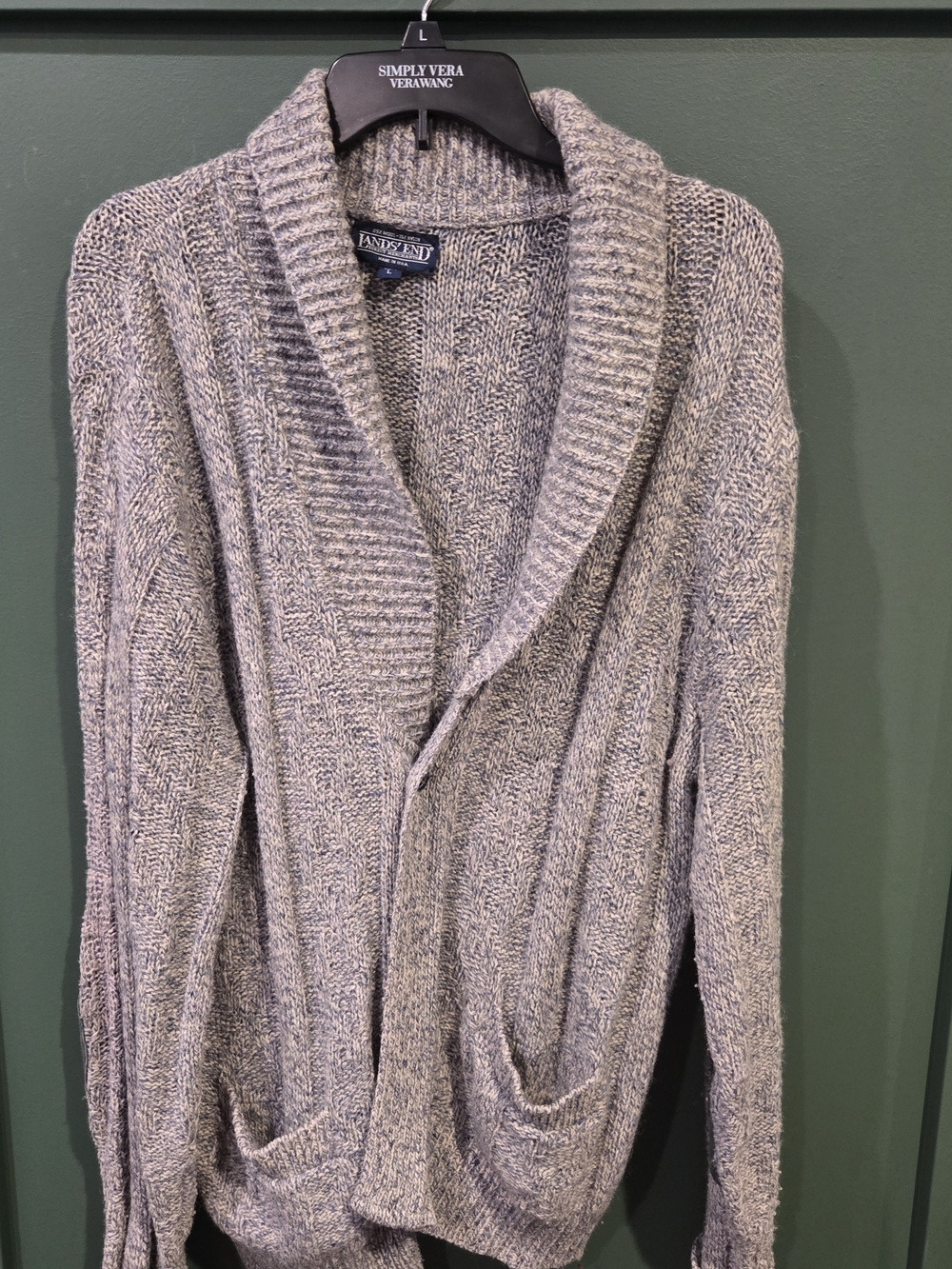 Lands' End Mens Heathered Blue/Gray Shawl-Collar Open Cardigan